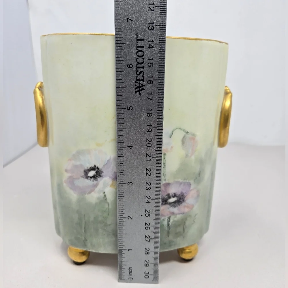 Antique Beauty Limoges Hand-painted Poppy Flower With Gold Accent Cachepot Vase